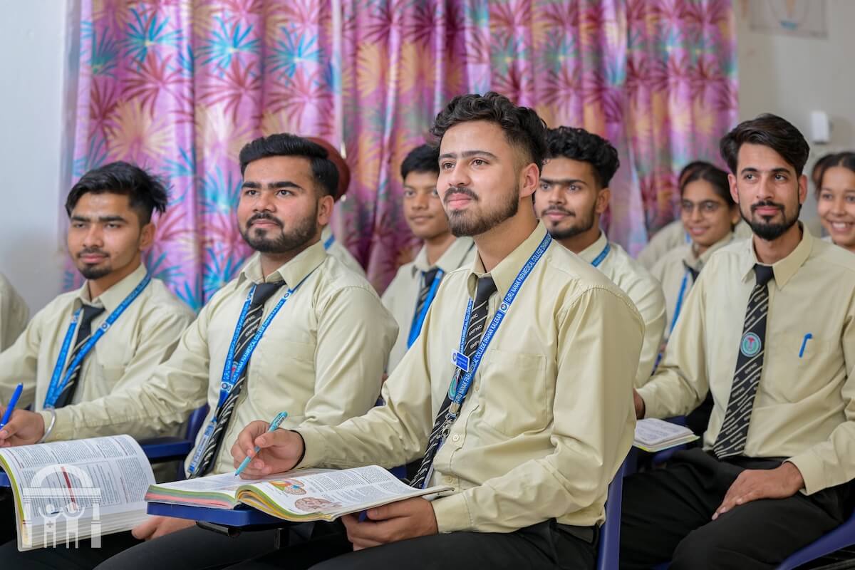 male students in classroom at Guru Nanak Paramedical College in Punjab